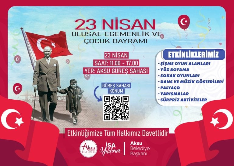 Aksu Belediyesi, 23 Nisan Ulusal Egemenlik ve Çocuk Bayramı'nı her yıl olduğu gibi bu yılda Aksu Güreş Sahası'nda kutlayacak. Aksu Belediyesi, 23 Nisan Ulusal Egemenlik ve Çocuk Bayramı için hazırlıklarını tamamladı. Belediye Başkanı İsa Yıldırım yarın 11.00-17.00 saatleri arasında Aksu Güreş Sahası'nda gerçekleştirilecek etkinliğe çocuklar başta olmak üzere tüm vatandaşları davet etti.