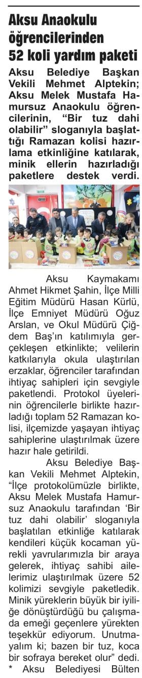 AKSU ANAOKULU ÖĞRENCİLERİNDEN 52 KOLİ YARDIM PAKETİ